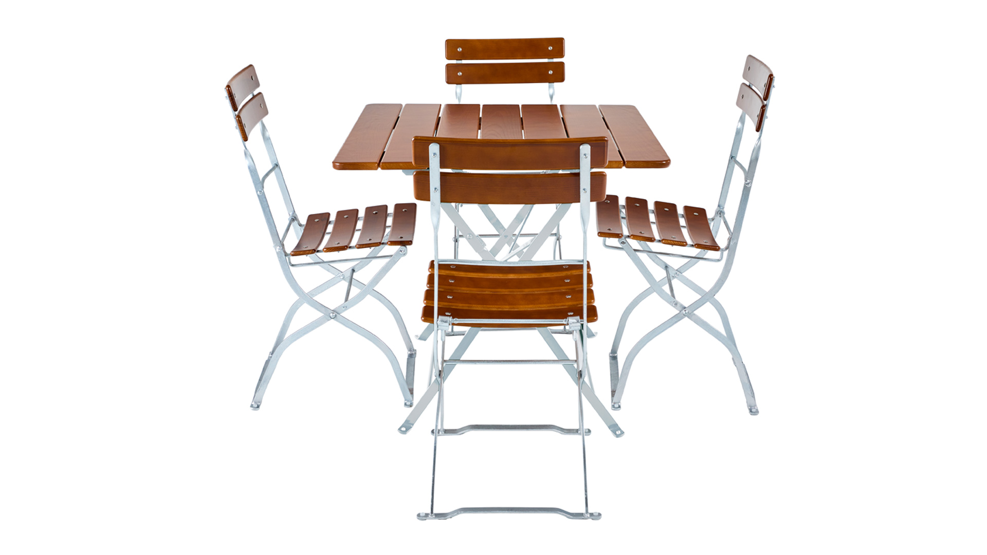 Das Biergartenmöbel-Set mit quadratischen Biergartentisch und vier Biergartenstühlen wird frontal dargestellt.