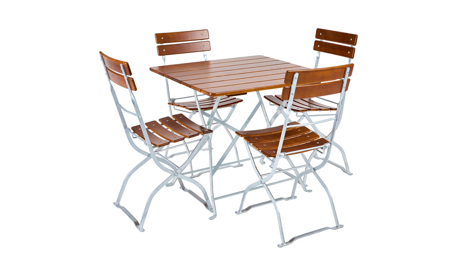 Beer garden furniture set with square beer garden table and four beer garden chairs is shown frontally.