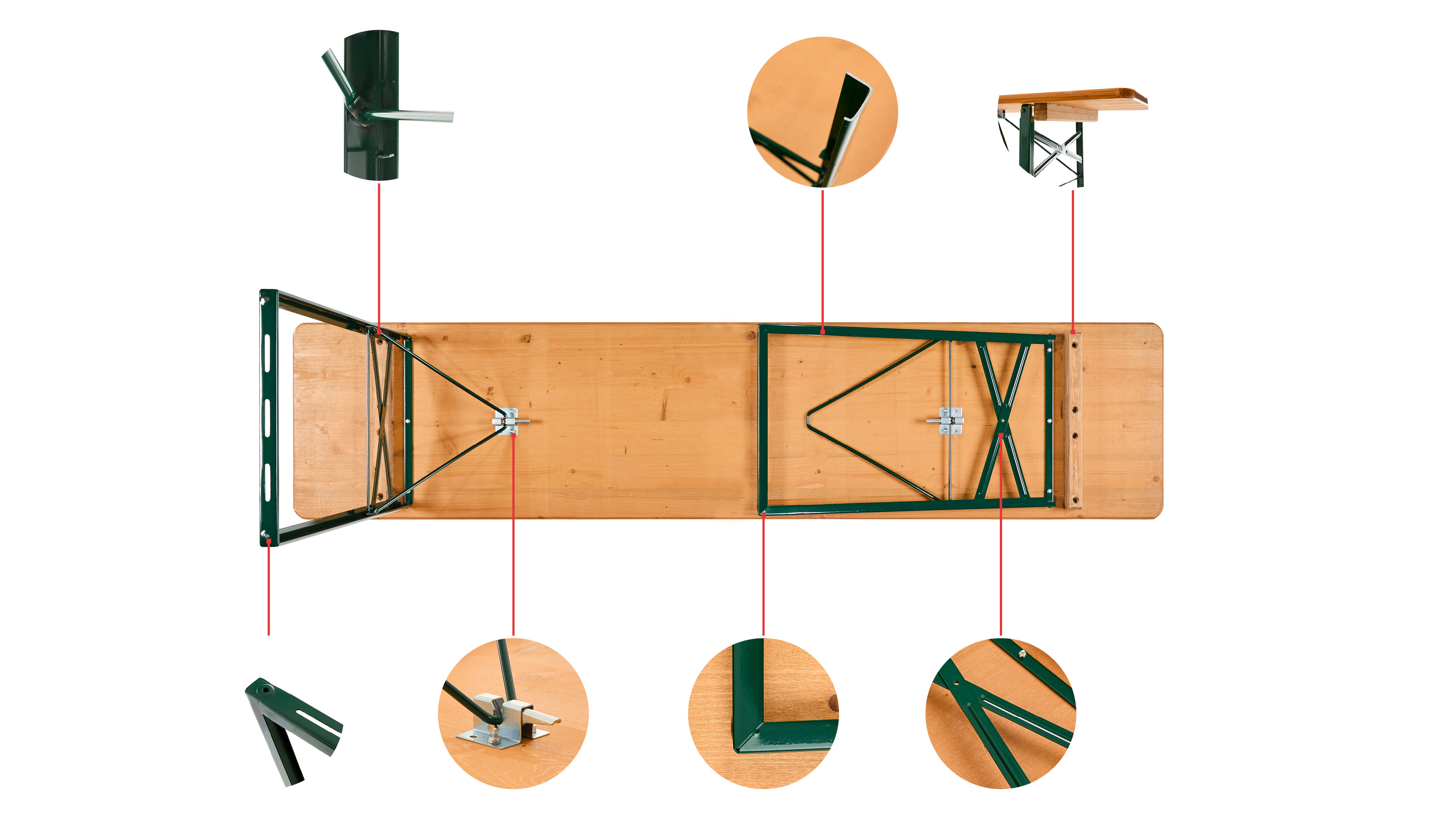 The bottom of the classic beer garden table set including small circles with detail photos of the construction are shown in this graphic.