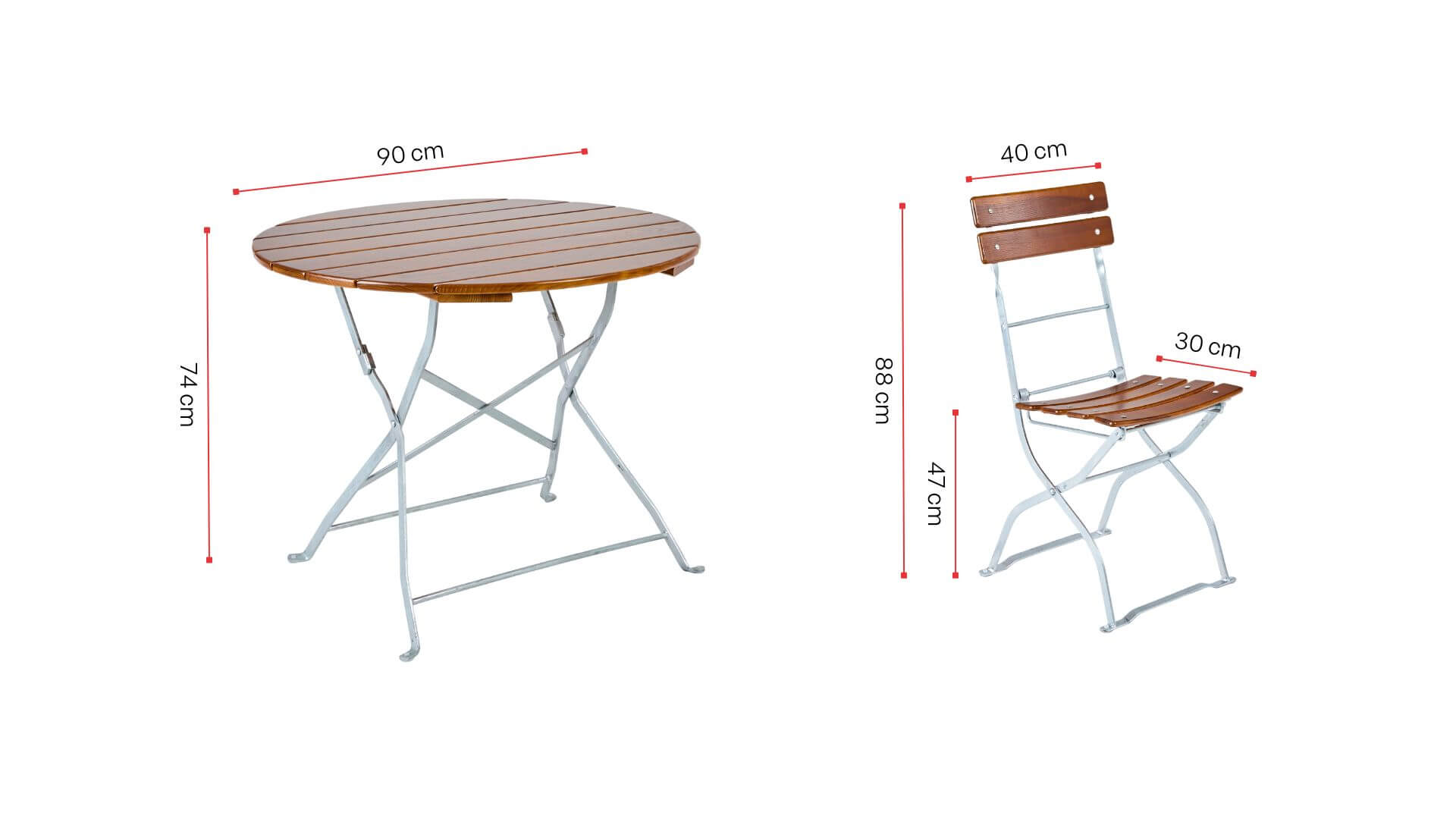 The dimensions of the round beer garden table and beer garden chair are shown.