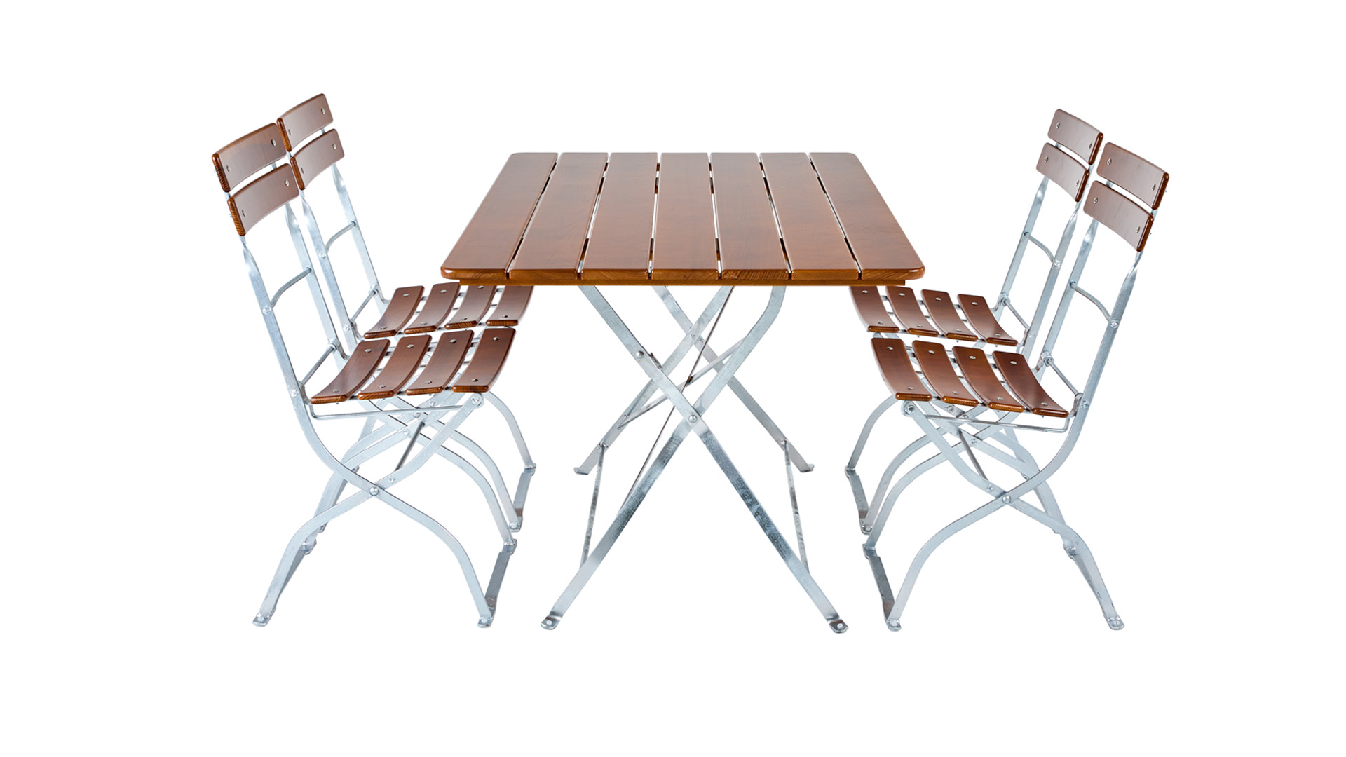 Rectangular beer garden table is shown with four beer garden chairs frontal.