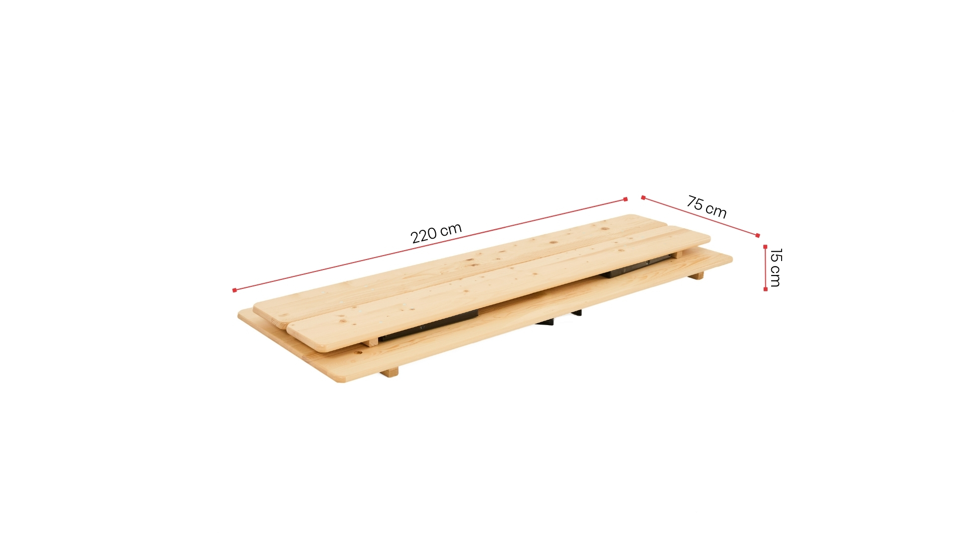 Wide beer garden table set is shown with its folded dimensions.