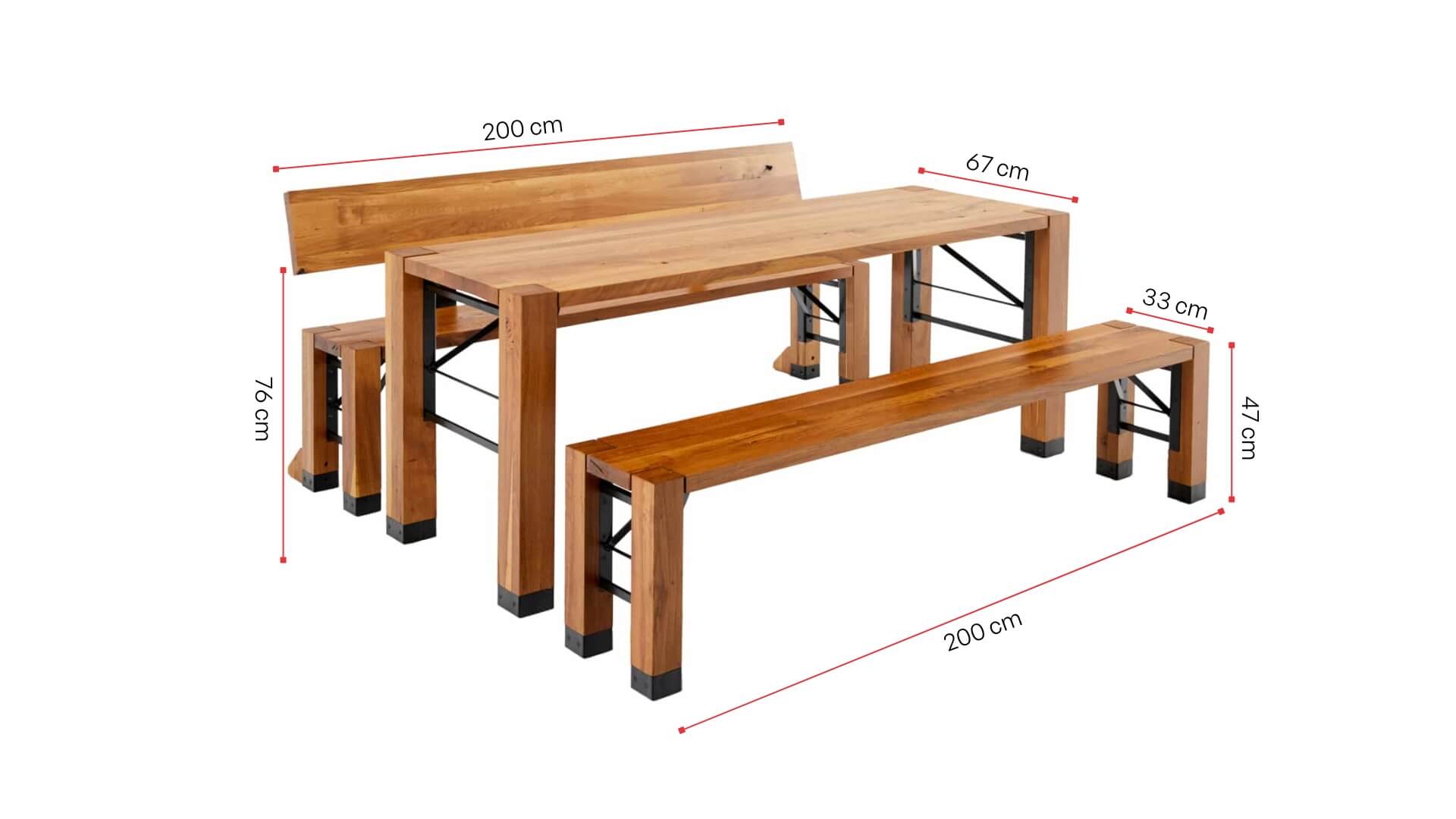 Design set Lago in oak is shown with its dimensions.