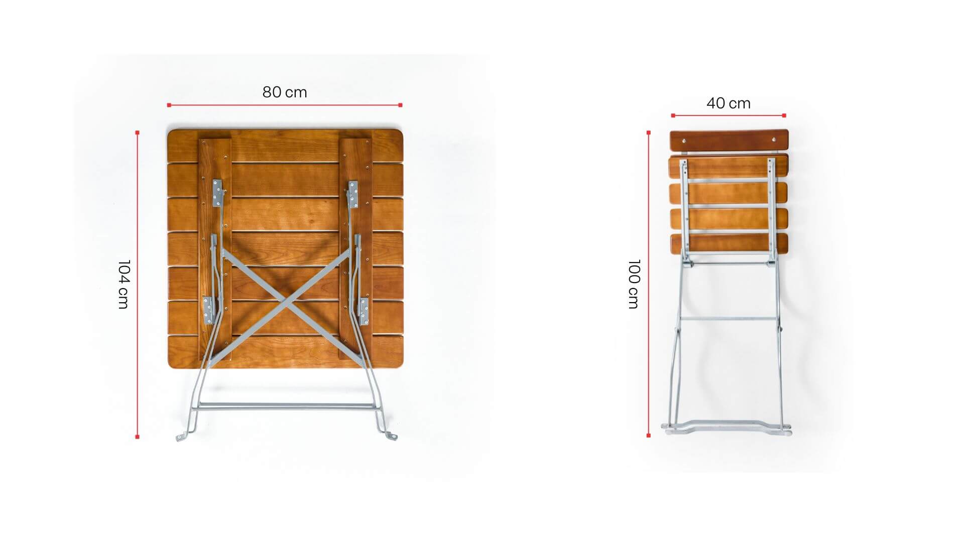 Die zusammengeklappten Maße des quadratischen Biergartentisches und Biergartenstuhles sind abgebildet.