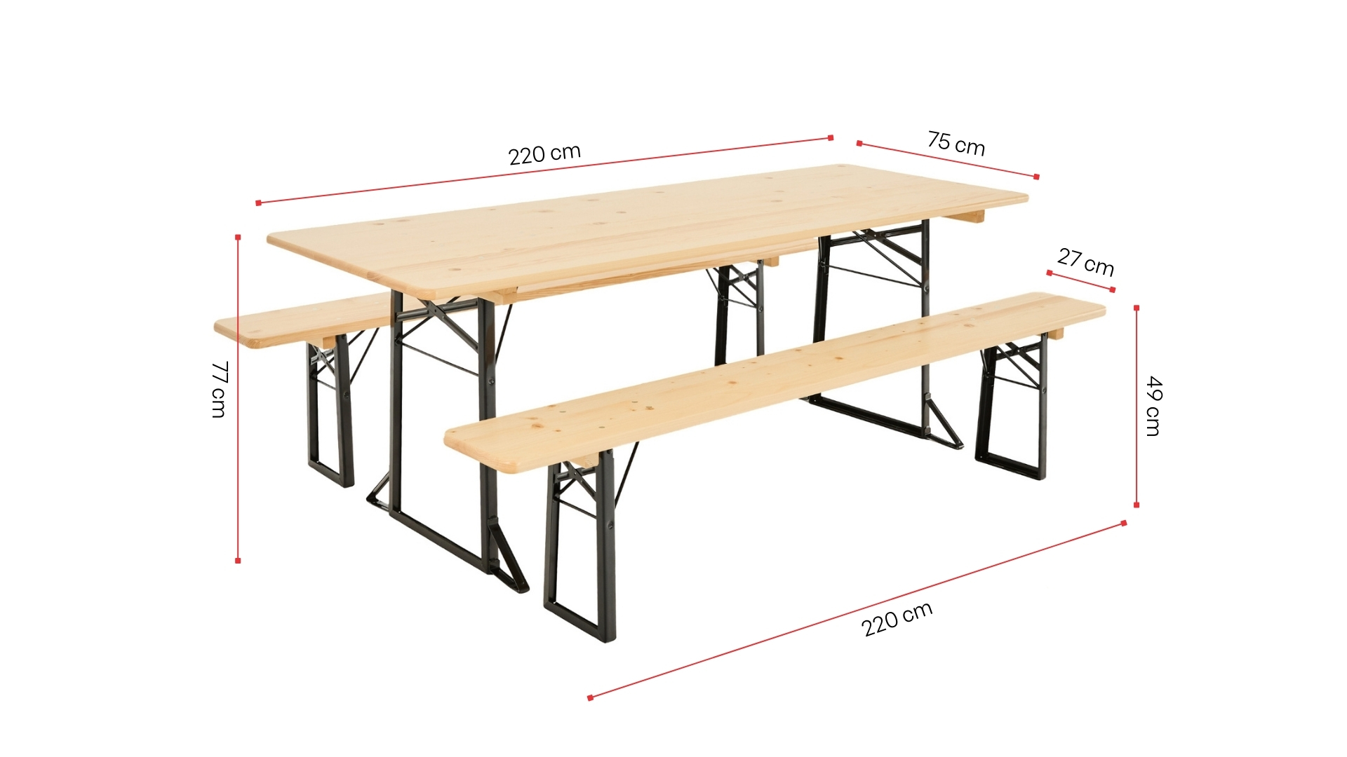 Wide beer garden table set is shown with its dimensions.