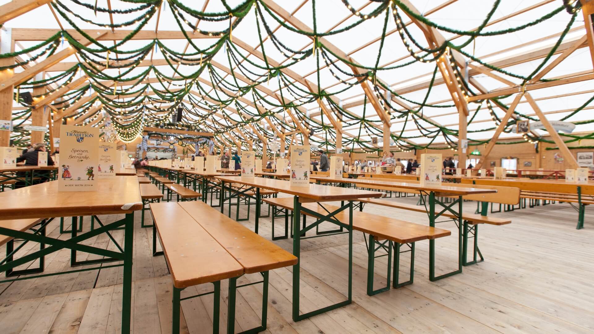 Classic beer garden table sets have been used at the Oktoberfest.