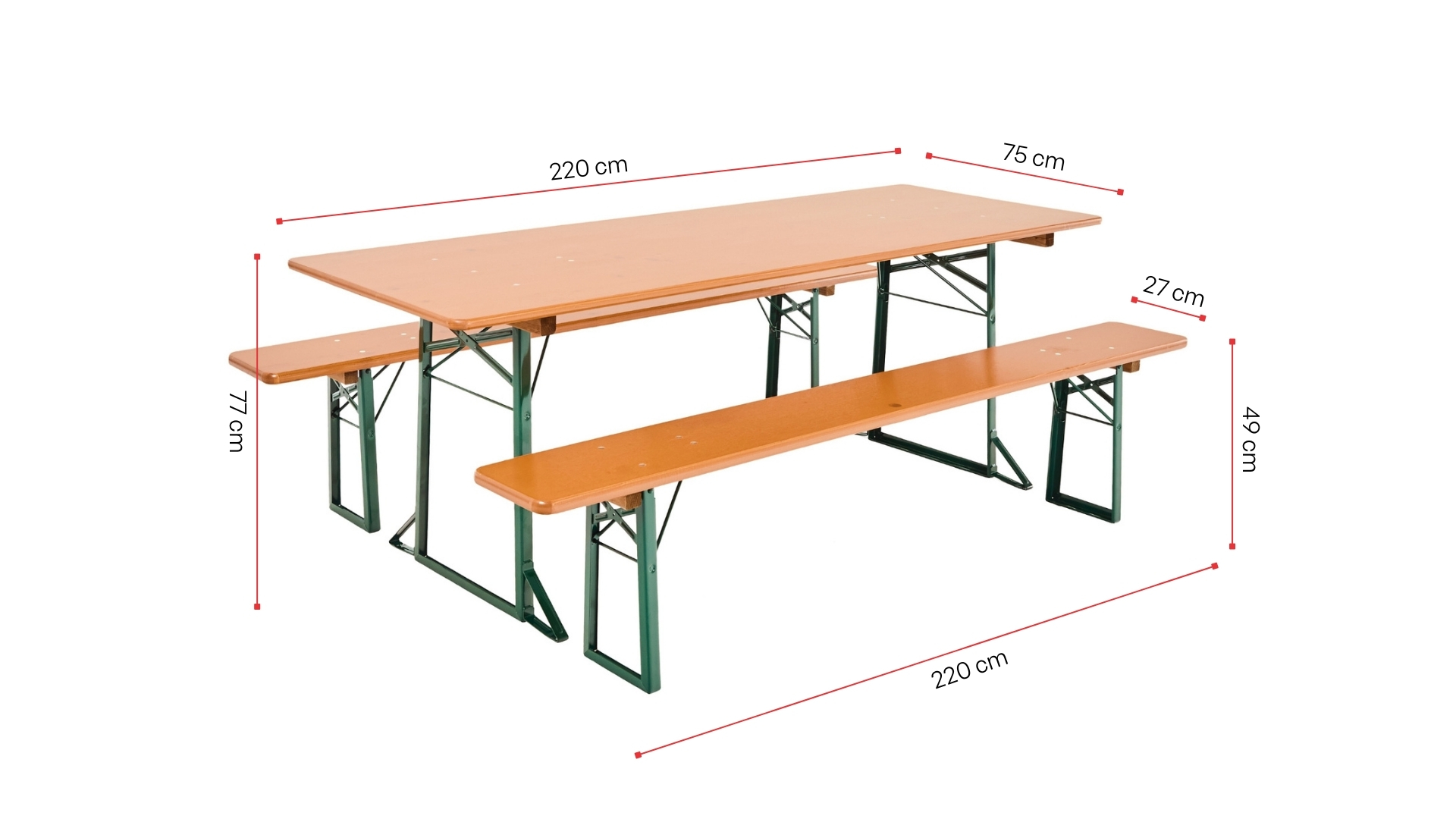 Wide beer garden table set is shown with its dimensions.