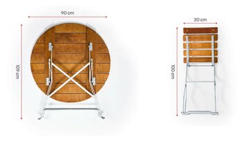 Die Maße des zusammengeklappten runden Biergartentisches und Biergartenstuhles sind abgebildet.