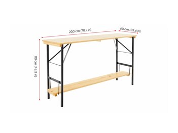 Der Stehtisch 200x60 mit Fußbrett wird mit seinen Maßen in Natur dargestellt.