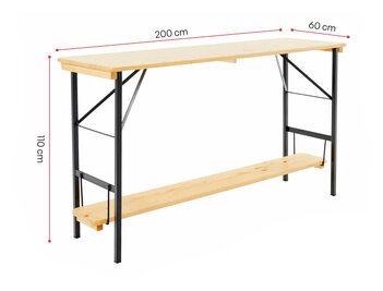 Der Stehtisch 200x60 mit Fußbrett wird mit seinen Maßen in Natur dargestellt.