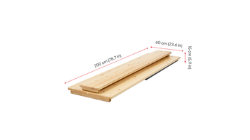 Poseur table "200x60" with footboard is shown with its folded dimensions.