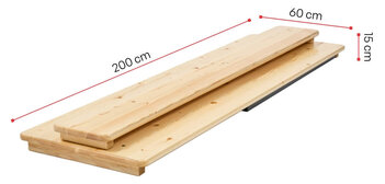 Der Stehtisch "200x60" mit Fußbrett wird mit ihren zusammengeklappten Maßen dargestellt.