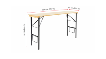 The poseur table 200x60 in nature is presented with its dimensions.
