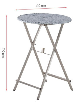 Runder Stehtisch "Unkaputtbar" mit 80 cm breiter Tischplatte und integriertem Schirmloch. Die Höhe beträgt 110 cm.
