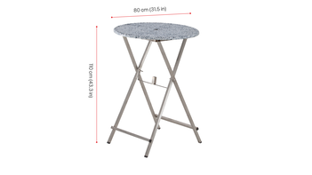Round bar table Unbreakable with 80 cm table top and umbrella hole. The height is 110 cm.