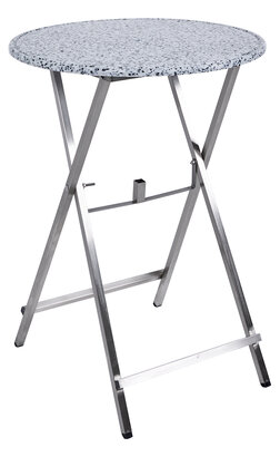 Klappbarer, runder Stehtisch Unkaputtbar aus Edelstahl mit weiß marmorierter PE-500-Kunststoff-Tischplatte, integriertem Schirmloch und Schirmhalter.