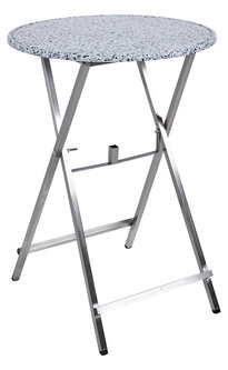 Klappbarer, runder Stehtisch Unkaputtbar aus Edelstahl mit weiß marmorierter PE-500-Kunststoff-Tischplatte, integriertem Schirmloch und Schirmhalter.