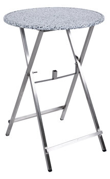 Klappbarer, runder Stehtisch Unkaputtbar aus Edelstahl mit weiß marmorierter PE-500-Kunststoff-Tischplatte, integriertem Schirmloch und Schirmhalter.