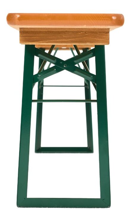 The picture shows a front view of a classic beer bench with a green frame.