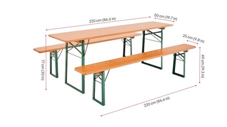 Auf dem Foto sind die Maße der klassische Bierzeltgarnitur mit grünem Untergestell zu sehen.