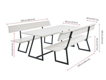 Die Designgarnitur Riva wird mit ihren Maßen dargestellt.