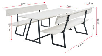 Die Designgarnitur Riva wird mit ihren Maßen dargestellt.