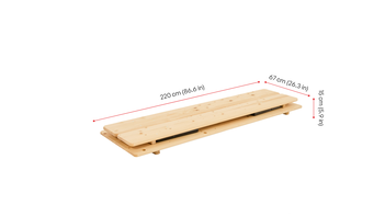 Die 67 cm Bierzeltgarnitur in der Farbe Natur wird mit ihren zusammengeklappten Maßen dargestellt.