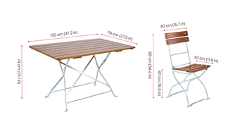 A beer garden table and a beer garden chair are shown. The table is rectangular.