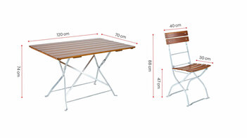 Man sieht einen Biergartentisch und einen Biergartenstuhl, der Gartentisch ist rechteckig. Neben dem Tisch und dem Stuhl stehen die jeweiligen Maße.