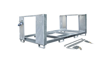 Auf dem Bild sieht man ein leeres Transportgestell für Bierzeltgarnituren. Neben dem Transportgestell befindet sich das separate Verschlusssystem für die Transportboxen.