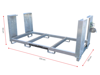 Das Bild zeigt ein leeres Transportgestell für 10 Bierzeltgarnituren mit einer Tischbreite von 75 cm. Auch sind auf dem Bild die Maße der Transportbox abgebildet.