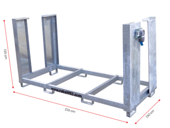 Das Bild zeigt ein Transportgestell für 15 Bierzeltgarnituren mit einer Tischbreite von 75 cm. In der Transportbox können bis zu 15 Bierzeltgarnituren sicher aufbewahrt und transportiert werden. Auch die Maße der Transportbox sind auf dem Bild sichtbar.