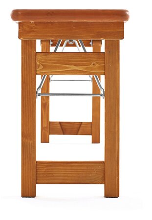 Das Bild zeigt eine Frontalaufnahme einer Rustica Designbierbank. Der Fokus liegt auf dem braunen Untergestell.