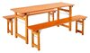 Die Designgarnitur Rustica bestehend aus Tisch und zwei Bänken ohne Lehne.