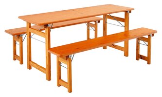 Die Designgarnitur Rustica bestehend aus Tisch und zwei Bänken ohne Lehne.