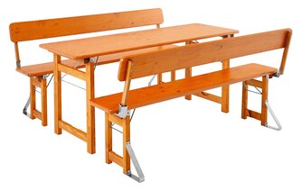 Die Designgarnitur Rustica bestehend aus Tisch und zwei Bänken mit Lehne.