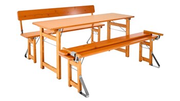 Das Bild zeigt eine Designgarnitur Rustica mit Rückenlehne. Die Lehne einer Bierbank ist zusammengeklappt.