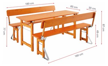 Die Designgarnitur Rustica (Fichte) mit Lehne wird mit ihren Maßen dargestellt.