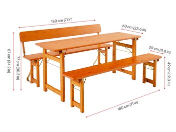 Die Designgarnitur Rustica (Fichte) mit Lehne wird mit ihren Maßen dargestellt.