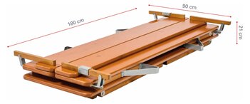 Die Designgarnitur Rustica mit Lehne wird mit ihren zusammengeklappten Maßen dargestellt.