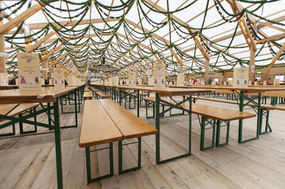 Classic beer garden table sets have been used at the Oktoberfest.